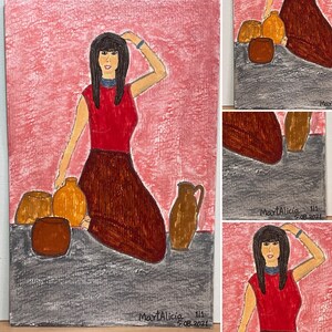 May include: A colorful painting depicts a person in a red top and brown skirt, with a blue necklace and bracelet, posing near several brown and orange pottery vessels. The background is pink, and the artwork is signed "MartAlicia 5.08.2021".