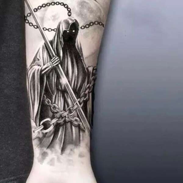 Large Black Grim Reaper Temporary Tattoo | Click For More Details. | Realistic | Size 7”x4” | Chains | Moon | Crafting Supply