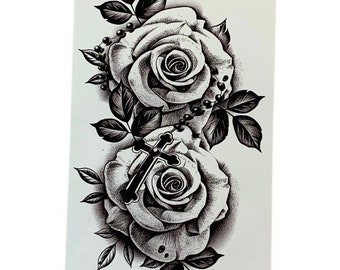 Large Black Double Rose with Rosary and Cross Floral Temporary Tattoo | Realistic | Click For More Details | Crafting Supply