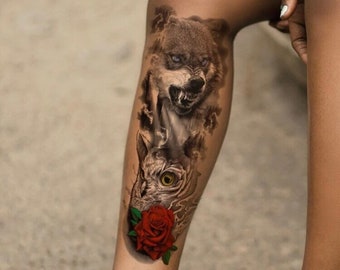Full Sleeve Wolf and Owl Temporary Tattoo | Realistic | Flower | Floral | Leg Tattoo | Crafting Supply