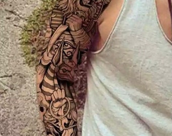 Full Sleeve Black Egyptian Symbolic Temporary Tattoo | Realistic | Moon | Snake | Hour Glass | Hawk | Leg Tattoo | Crafting Supply