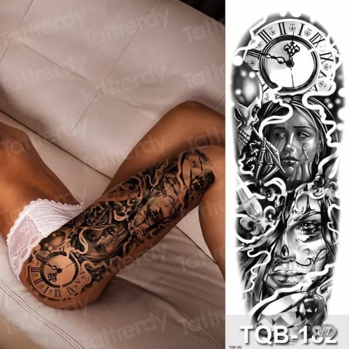 Tatuaje temporal negro de manga completa / realista / reloj / - Etsy España Tatuaje temporal negro de manga completa / realista / reloj / - Etsy España