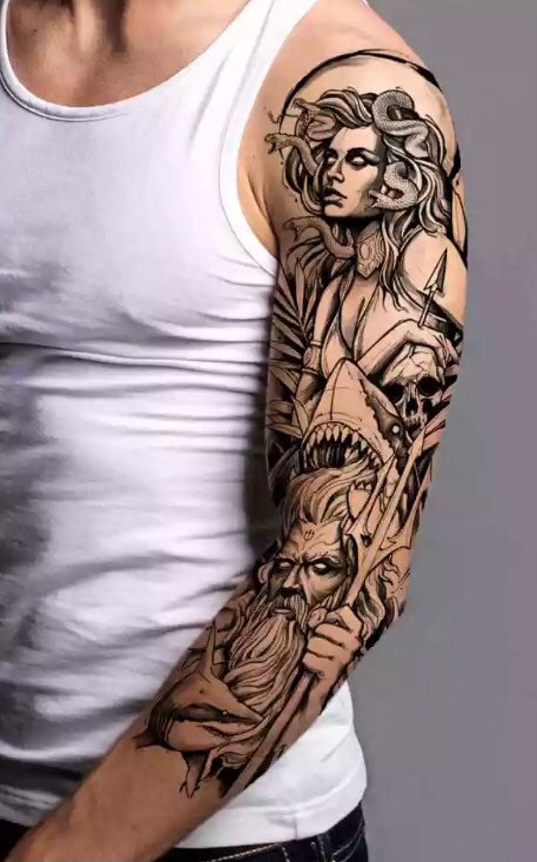Full Sleeve Zeus Moon Snake Shark Medusa Tattoo - Etsy Finland