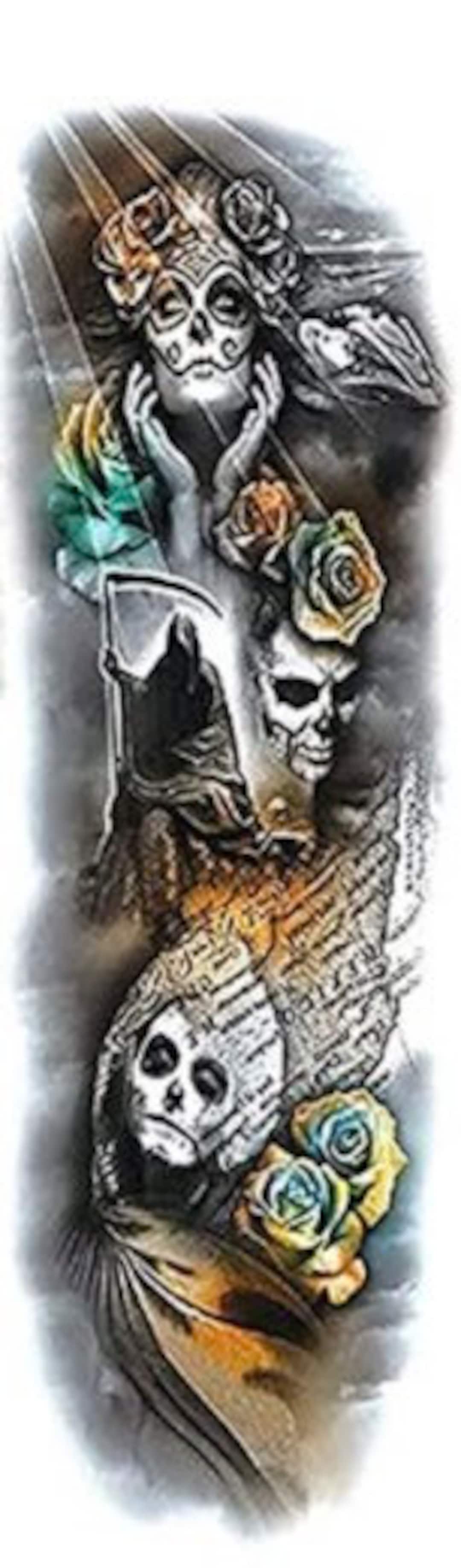 Full Sleeve Grim Reaper Halloween Temporary Tattoo Realistic Skull