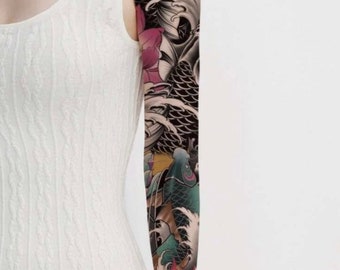 Large Full Sleeve Colorful Koi Fish Temporary Tattoo | Realistic | Flower | Floral | Chinese Tattoo | Leg Tattoo | Crafting Supply