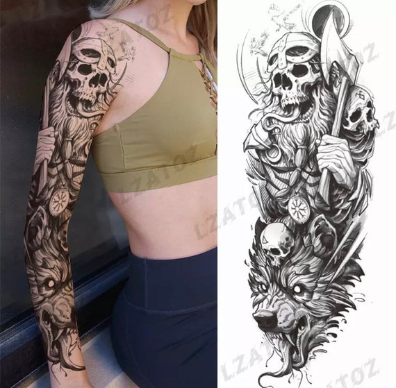 Full Sleeve Black Skull Temporary Tattoo Realistic Evil Etsy