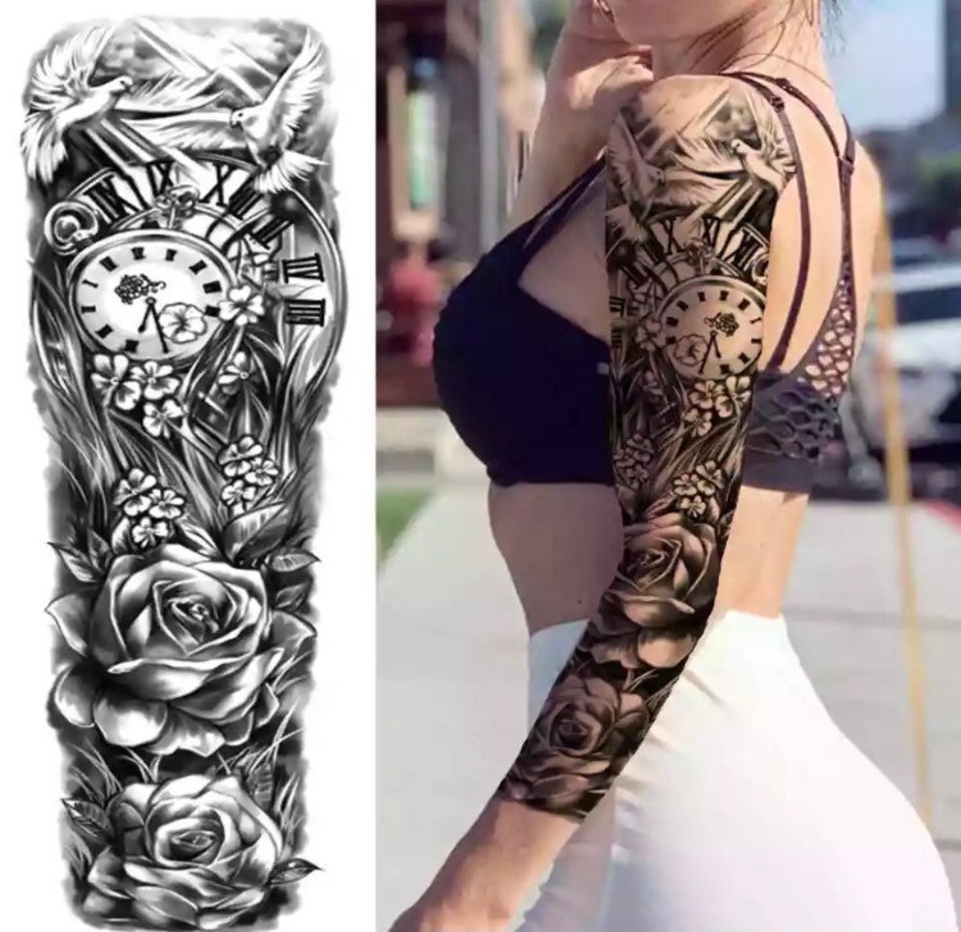 Full Arm Temporary Tattoo Realistic Clock Rose dove - Etsy Ireland