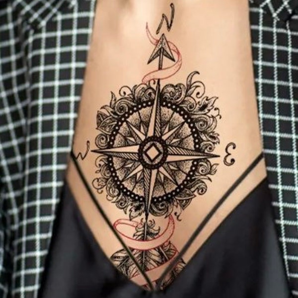 Compass & Arrow Temporary Tattoo | Click for more details | Realistic | Feathers | Ribbon | Crafting and Tumbler Supply