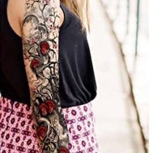 Large Black Skull Ax Temporary Tattoo Realistic Moon Snake Sleeve