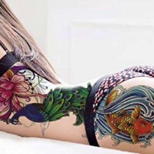 Large Peacock Temporary Tattoo | Realistic | Koi Fish | Peacock | Feathers | Flower | Chinese | Sleeve | Leg tattoo | Crafting Supply