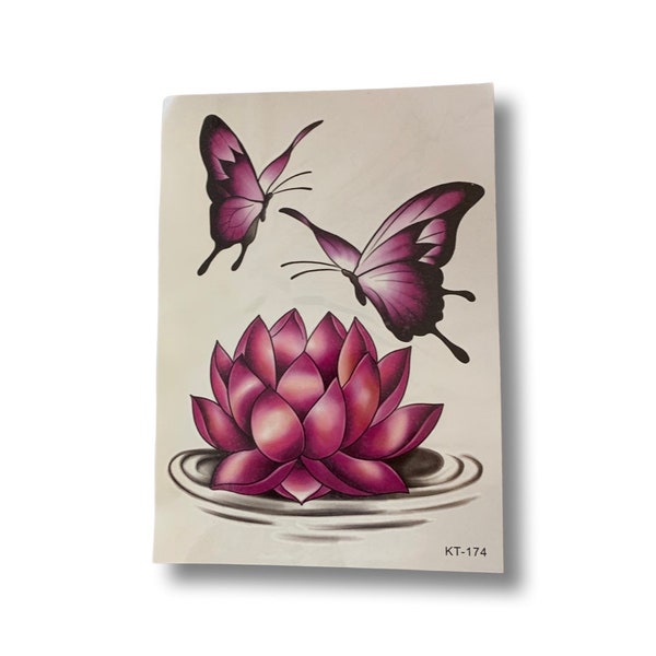 Large Pink Butterflies & Lotus Flower Temporary Tattoo | Realistic | Click For More Details | Leg Tattoo | Crafting Supply