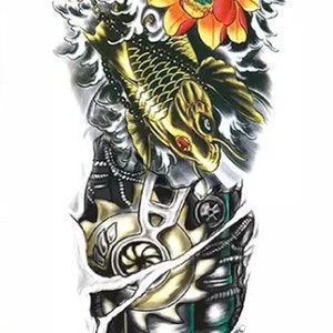 Large Full Sleeve Colorful Koi Fish Temporary Tattoo Realistic Flower Floral Click For Details Leg Crafting Supply image 2