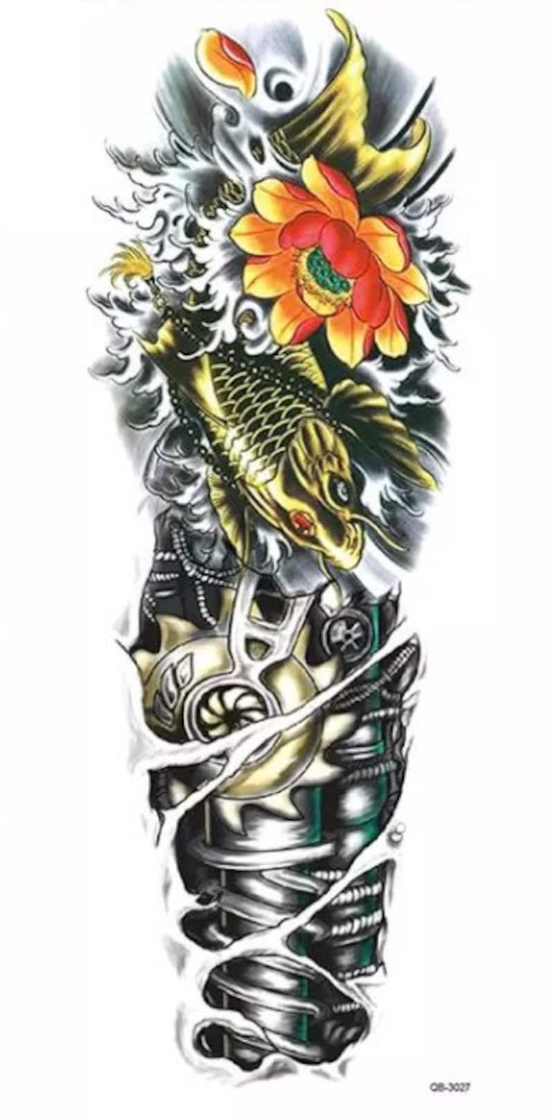 Large Full Sleeve Colorful Koi Fish Temporary Tattoo Realistic Flower Floral Click For Details Leg Crafting Supply image 2
