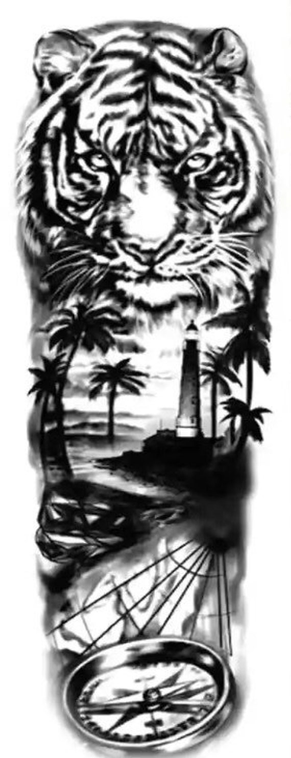 Full Black Sleeve Tiger Temporary Tattoo Realistic Compass - Etsy Full Black Sleeve Tiger Temporary Tattoo Realistic Compass - Etsy