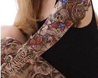 Full Sleeve Colorful Skull Temporary Tattoo | Realistic | Dove | Rose | Flower | Vintage Clock | Leg Tattoo | Craft Supply
