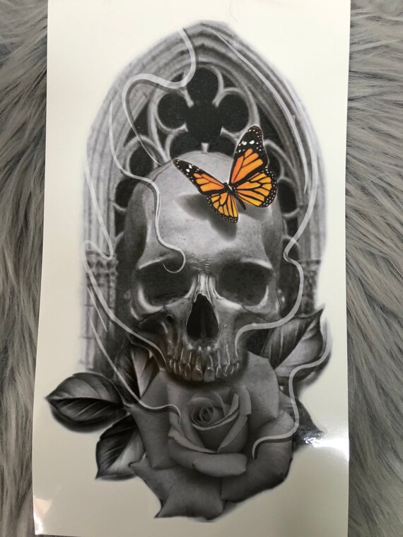 Gran calavera negra con tatuaje temporal de mariposa monarca / - Etsy España