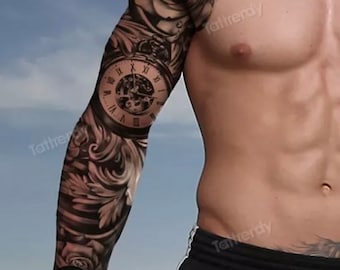 Full Sleeve Rose and Pocket Watch Temporary Tattoo | Realistic | Flower | Clock | Leg Tattoo | Click For Details | Craft Supply