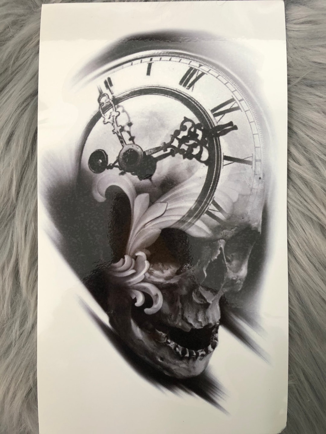 Large Black Skull Clock Temporary Tattoo Realistic Clock Etsy