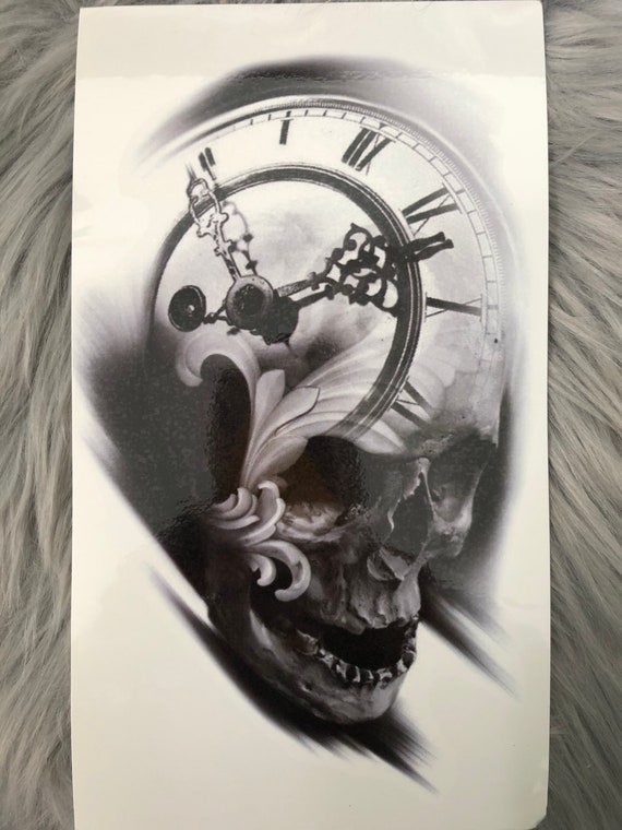 Large Black Skull Clock Temporary Tattoo / Realista / Reloj / - Etsy México Large Black Skull Clock Temporary Tattoo / Realista / Reloj / - Etsy México