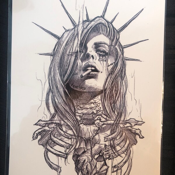 Large Black Temporary Tattoo | Realistic | Woman | Dead | Spikes | Cigarette | Smoking Girl | Crafting Supply | Click For More Details