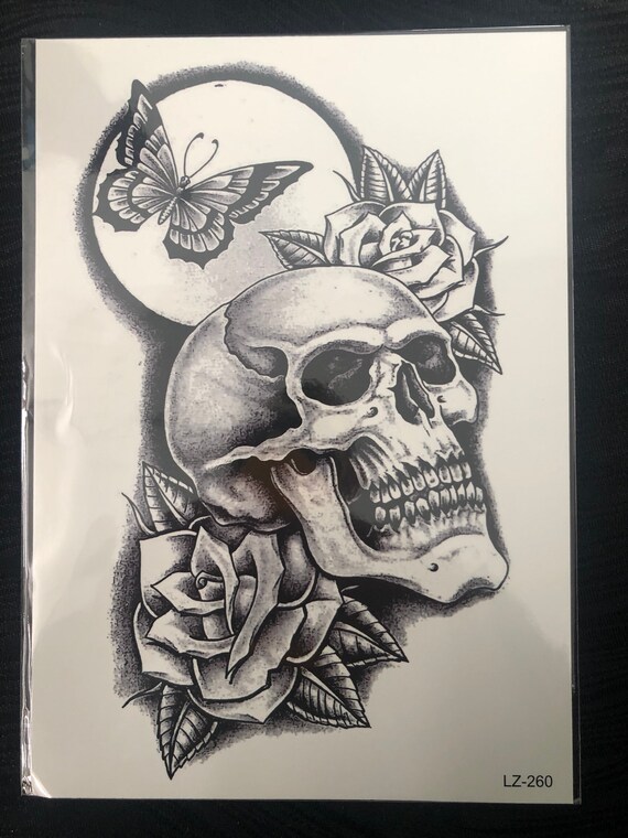 Gran calavera negra y rosa tatuaje temporal / realista / luna - Etsy México Gran calavera negra y rosa tatuaje temporal / realista / luna - Etsy México