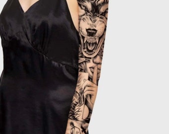 Full Sleeve Black Wolf Indigenous Temporary Tattoo | Realistic | Spiritual | Floral | Crow | Leg Tattoo | Crafting Supply