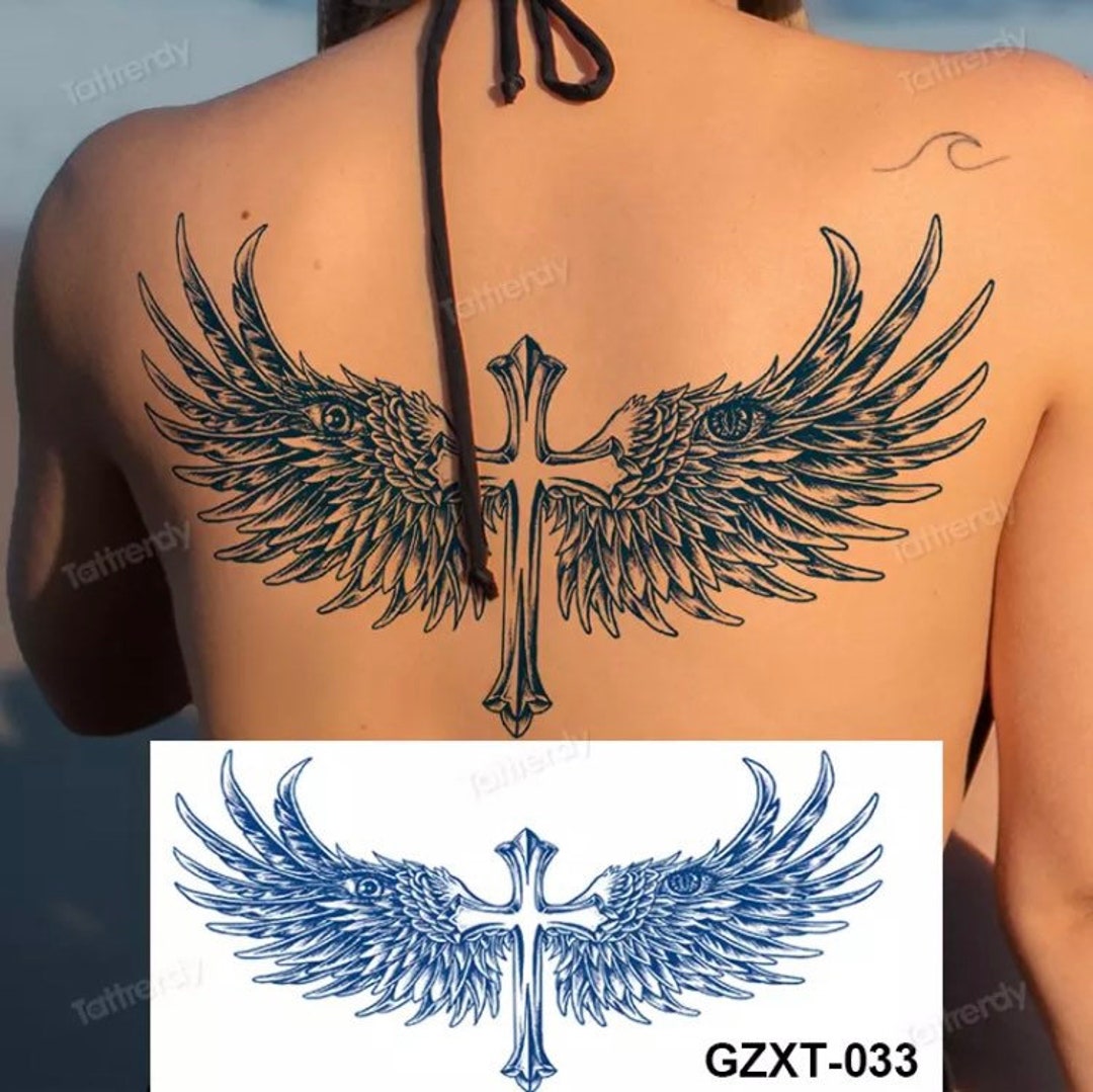 Blue Temporary Tattoo Realistic Angel Wings Cross Heart Click for More Details Chest Tattoo