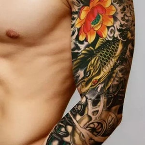 Large Full Sleeve Colorful Koi Fish Temporary Tattoo Realistic Flower Floral Click For Details Leg Crafting Supply image 1