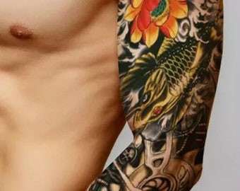 Large Full Sleeve Colorful Koi Fish Temporary Tattoo | Realistic | Flower | Floral | Click For Details | Leg | Crafting Supply