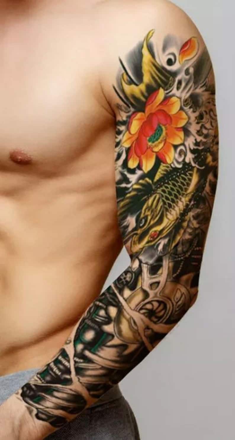 Large Full Sleeve Colorful Koi Fish Temporary Tattoo Realistic Flower Floral Click For Details Leg Crafting Supply image 1