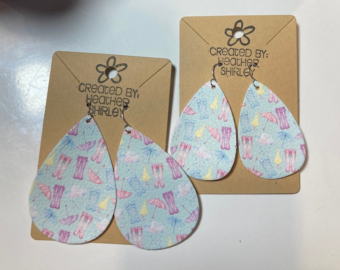 Rainy Day Summer Faux Leather Earrings, Rain Boot Earrings, Umbrella Earrings, Rain Shower Earrings, Summer Earrings, Pastel Earrings, Gifts