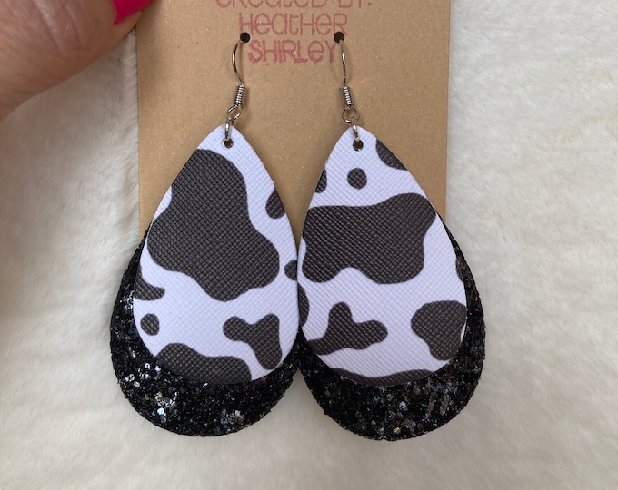 Cow Print with Black Glitter Layer, Faux Leather Earrings
