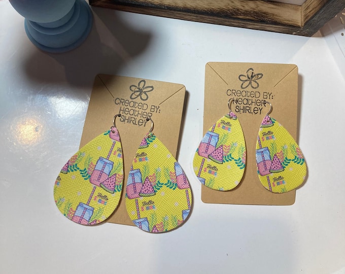 Hello Summer, Lemonade, Watermelon Summer Faux Leather Earrings, Two Sizes Available, Bright Colors, Yellow Earrings, Lemonade, Gifts