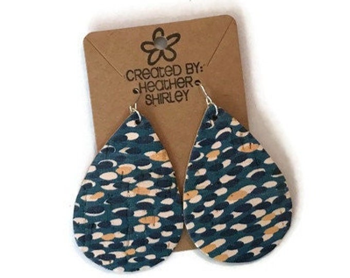 Peacock Print Genuine Leather Applied to Cork Earrings