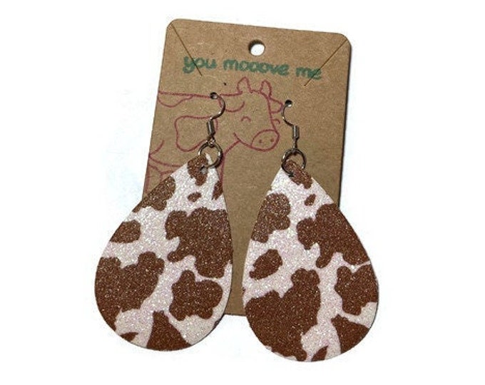 Double Sided Brown and White Glitter Cow Print Faux Leather Earrings