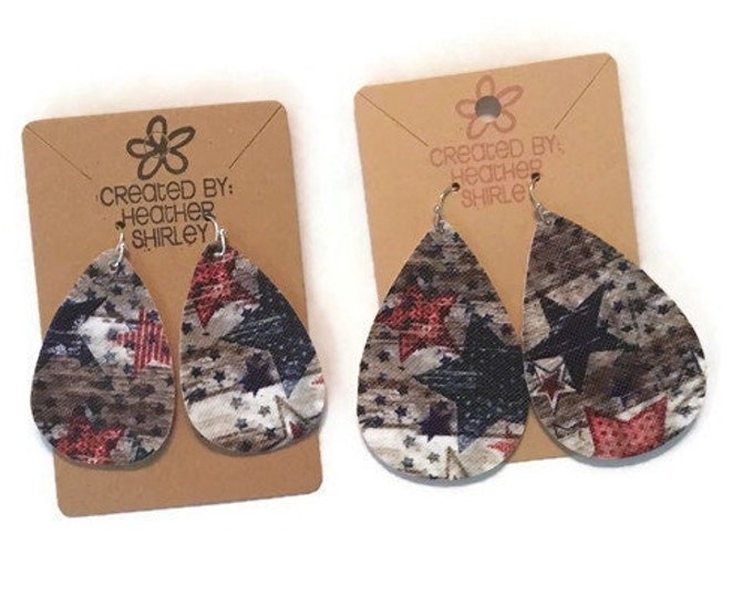 Vintage Red White and Blue Teardrop Faux Leather Earrings