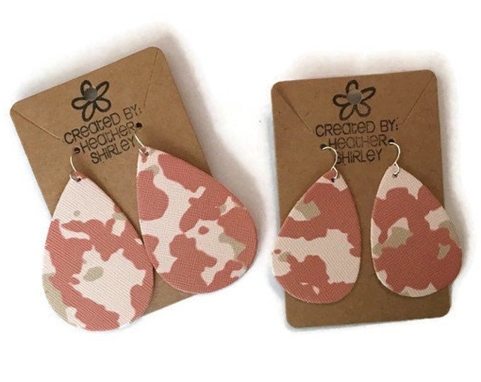 Pink Camouflage Teardrop Faux Leather Earrings, Pink Camouflage Jewelry, Spring Earrings, Valentines, Novelty, Birthday Party Gifts