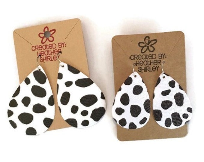 Cow Print, Spots Black and White, Dalmatian Spots, Leather Faux Teardrop Earrings, Cow Print Earrings, Farm Print Earrings, Fall, Gifts