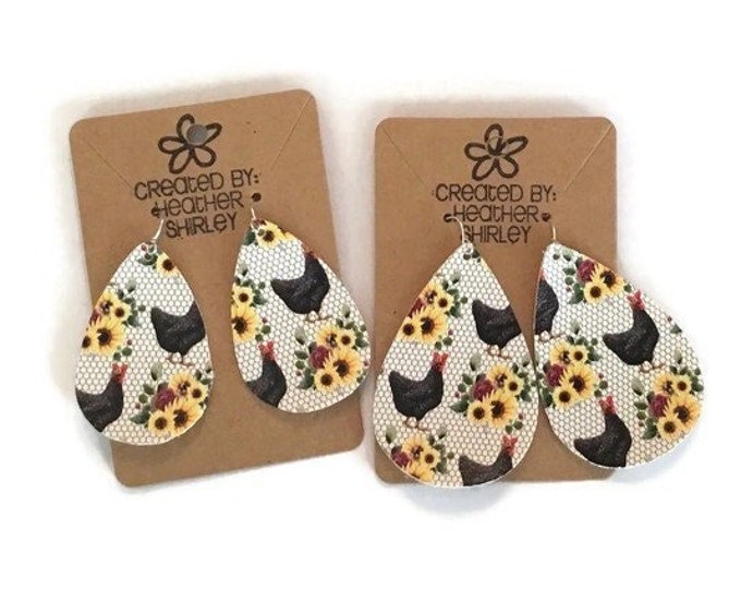 Chicken and Sunflower Print Faux Leather Earrings, Farm Style, Farm House Gifts, Chicken Earring, Birthday, Chicken Lovers, Novelty Gifts