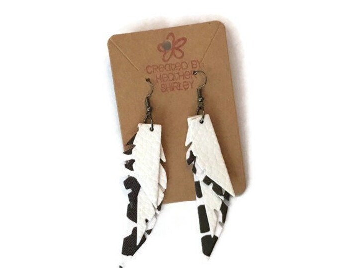 Cow Print, Black and White, Feather Layered Fringe Faux Leather Earrings, Fall Earrings, Boho Jewelry, Farm, Country Girl, Cow Gift, Fall