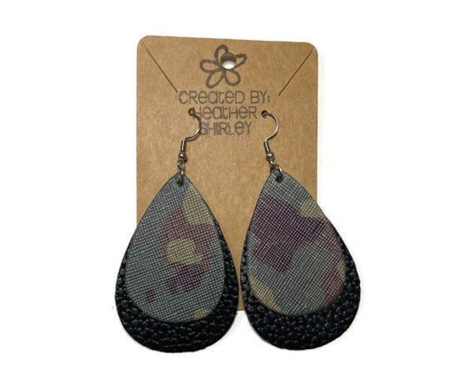 Camouflage with Black Layer Faux Leather Teardrop Earrings, Birthday Camouflage, Green and Black, Army Gifts, Spring Summer Earrings