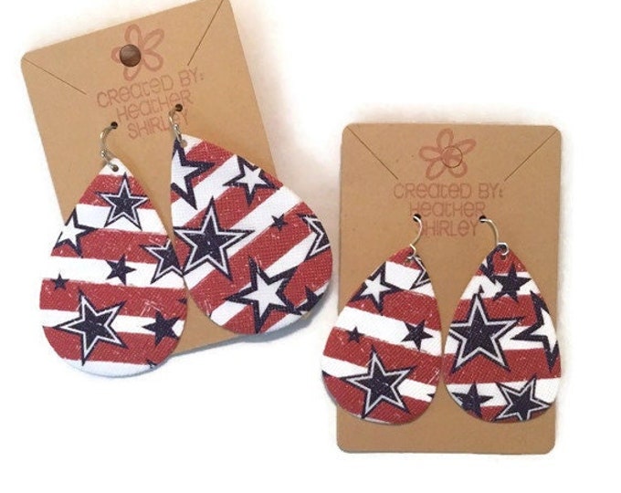 Memorial  Day, Independence Day, Red White and Blue, Spring Summer Earrings, Stars and Stripes, Faux Leather Teardrop Earrings, Party Events