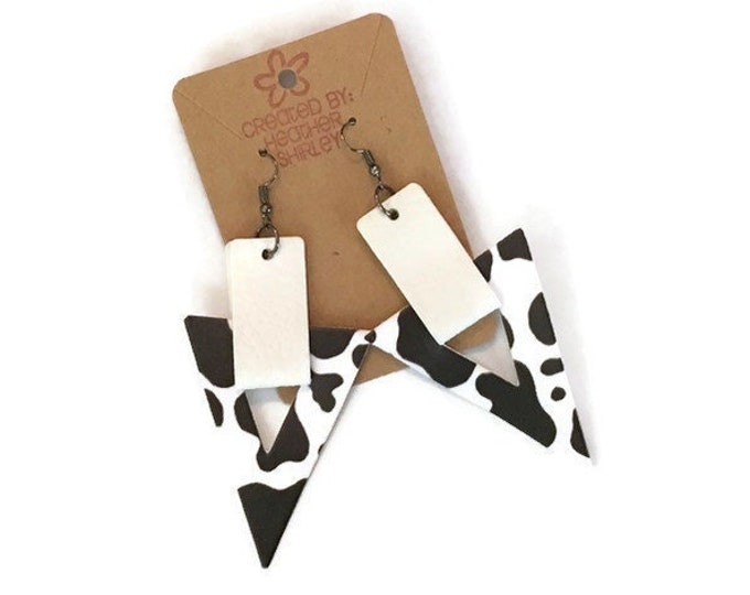 Cow Print, Black and White, Triangle Faux Leather Earrings, Fall Earrings, Gifts, Farm Earrings, Cow Print, Birthday, Big, Novelty Gifts