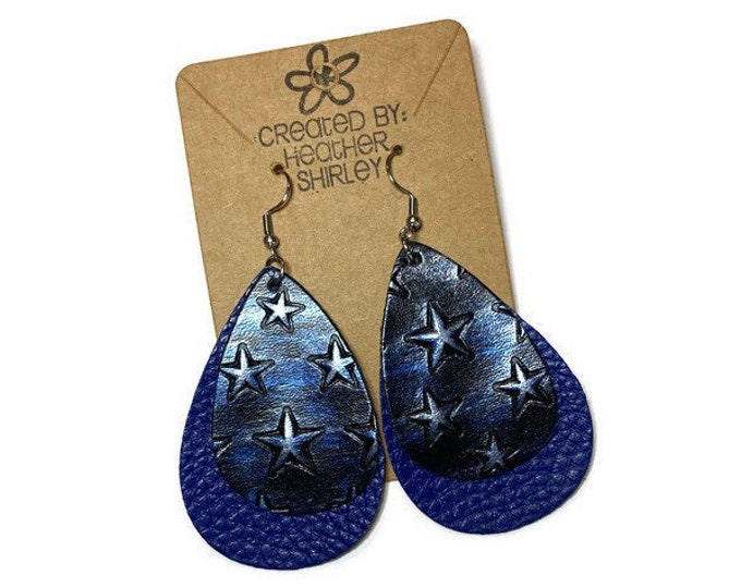Blue Black Stars with Blue Layer, Faux Leather Earrings, Football Earrings, Sport Earrings, Teacher Gifts, Textured, Summer Jewelry