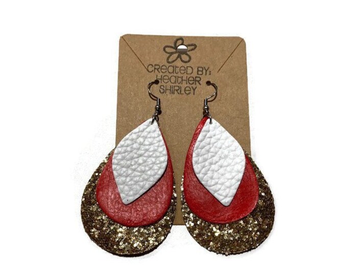 Red, Scarlet, Gold and White Game Day Layered Faux Leather Earrings, Tailgate Parties, Football Earrings, Summer Earrings, Sport Gifts