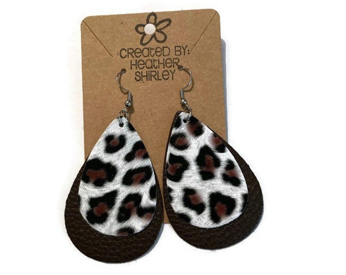 Mocha Brown Layered Leopard Print Faux Leather Earrings, Summer Earrings, Brown Cheetah, Animal Print, Birthday Gifts, Brown and White,