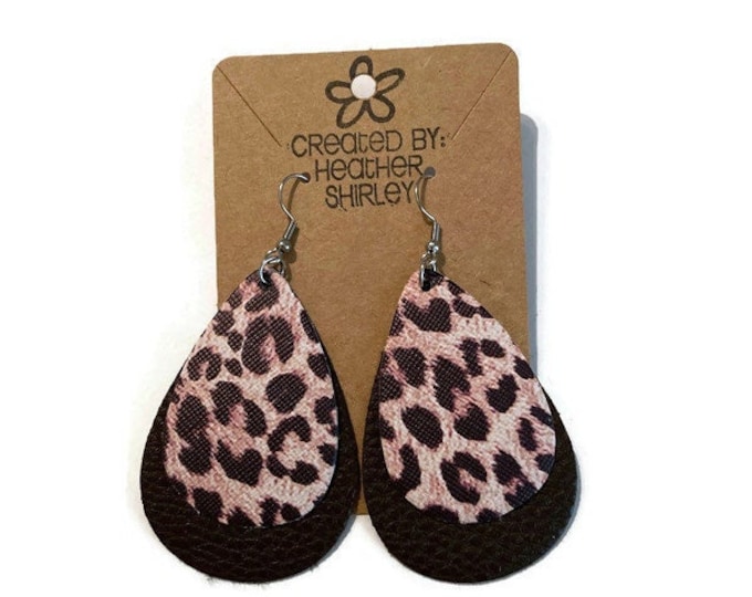 Brown Mocha Layered Leopard Print Faux Leather Earrings, Summer Earrings, Brown and Tan Cheetah Print, Teacher Gifts, Animal Print, Gifts