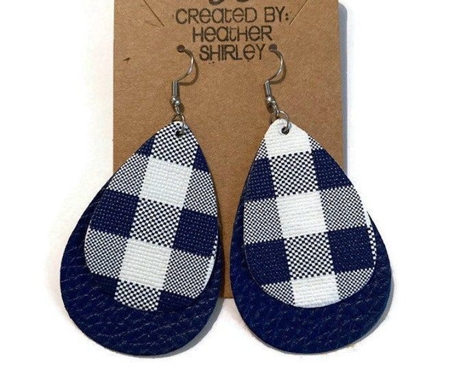 Blue and White Plaid Faux Leather Earrings, Layered, Football, Summer Earrings, Tailgate Events, School Events, Blue and White, Gifts,