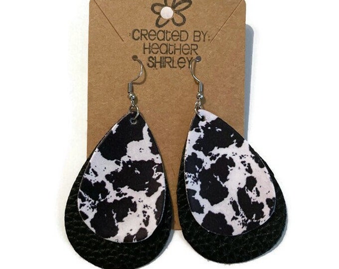 Layered Teardrop Cow Print Faux Leather Earrings