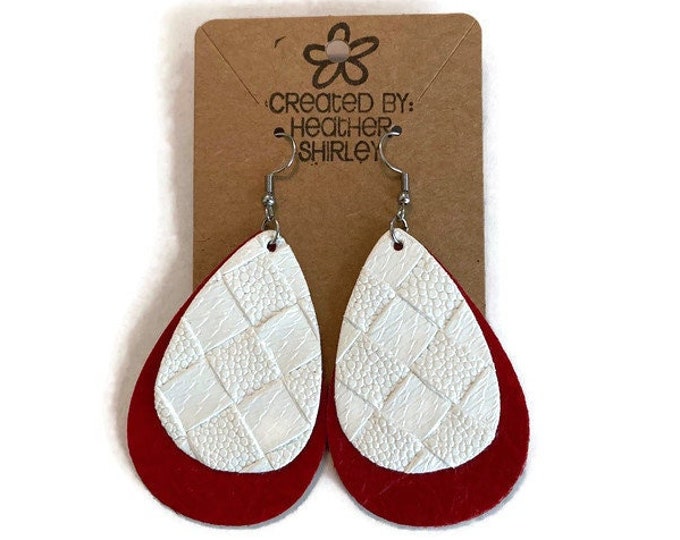 Red and White Football Faux Leather Earrings, Tailgate Earrings, Summer Earrings, Sports Events, College Earrings, Gifts Sports Events